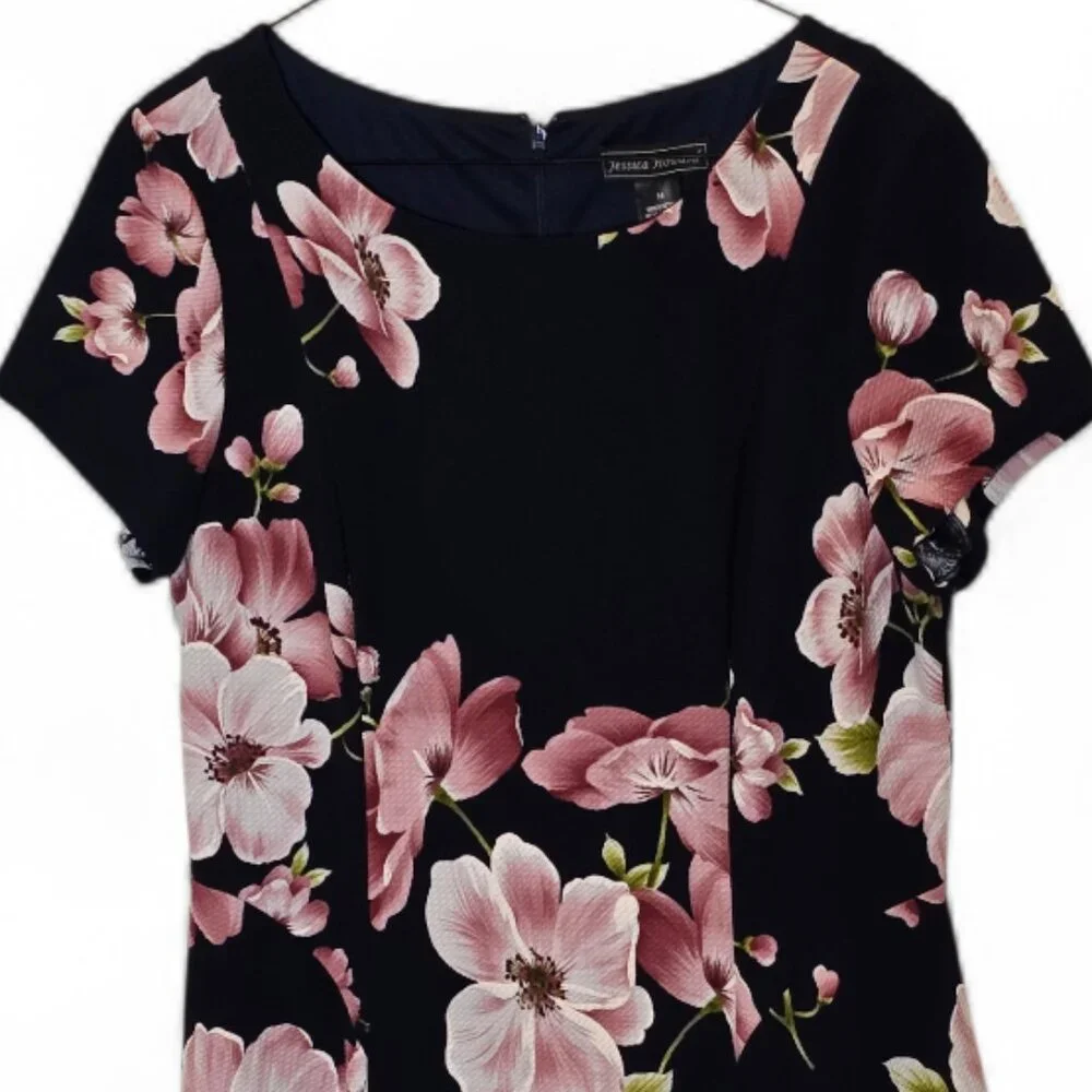 Jessica Howard Floral Dress Size 14 Black Pink Fit Flare Wedding Guest Cocktail